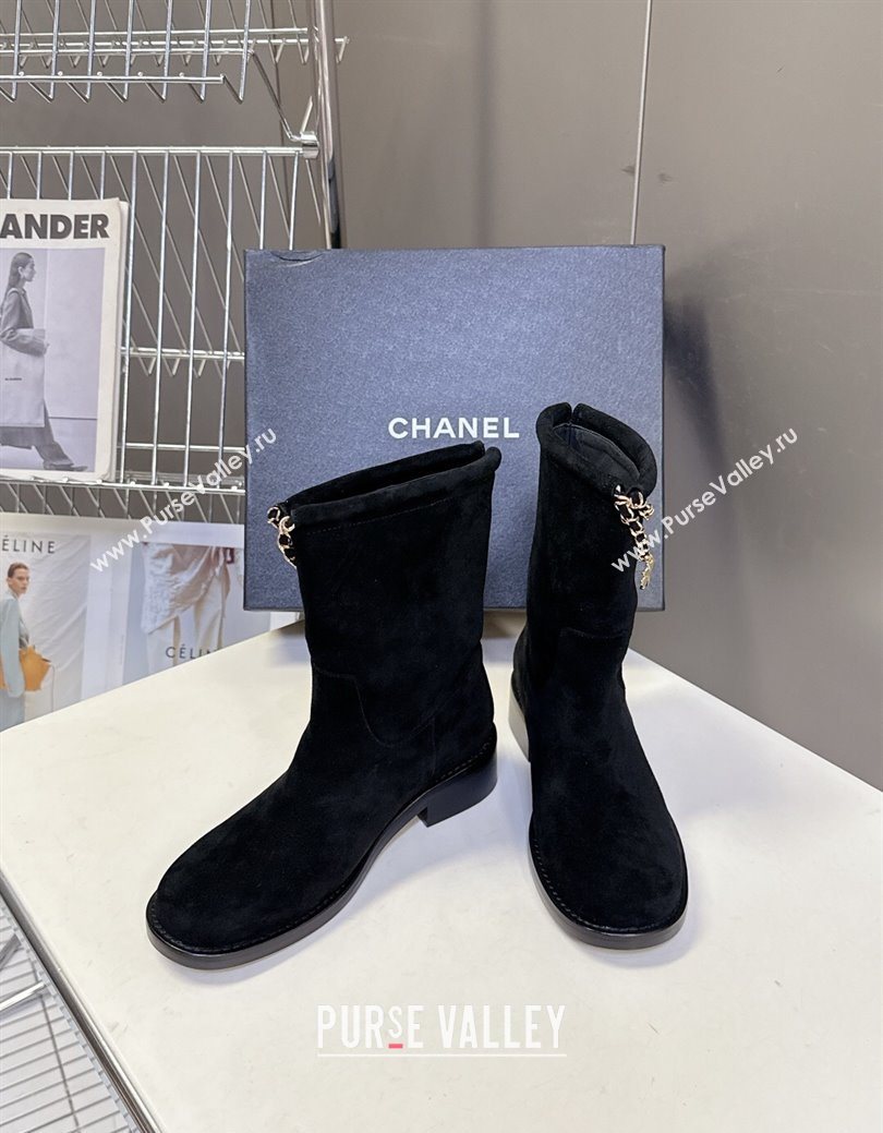 Chanel Suede Flat Ankle Boots 3.5cm with Dropped Chain Black 2025 CH083001 (MD-250830006)