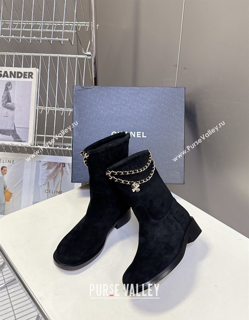 Chanel Suede Flat Ankle Boots 3.5cm with Dropped Chain Black 2025 CH083001 (MD-250830006)