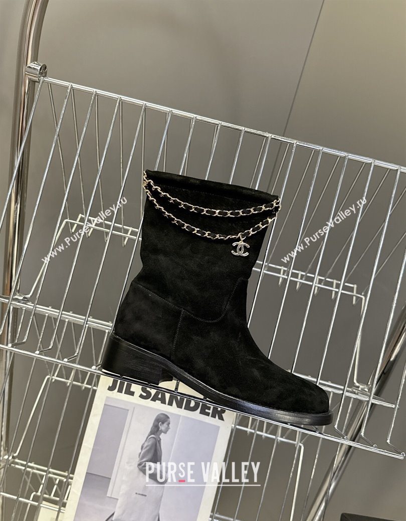 Chanel Suede Flat Ankle Boots 3.5cm with Dropped Chain Black 2025 CH083001 (MD-250830006)
