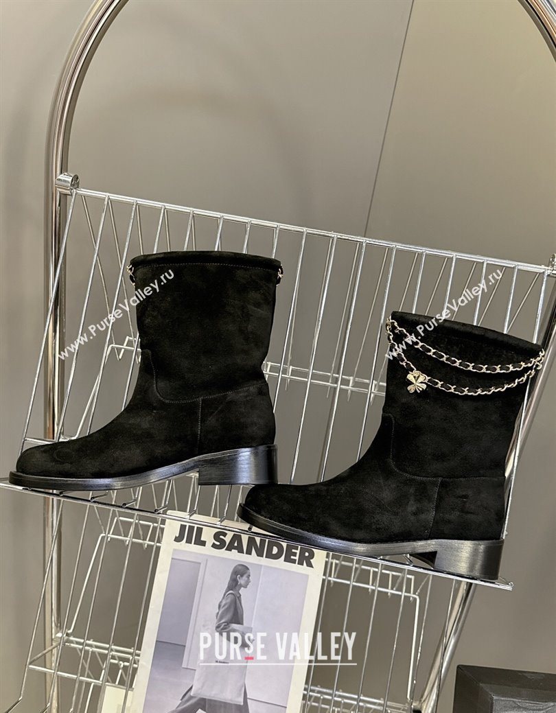 Chanel Suede Flat Ankle Boots 3.5cm with Dropped Chain Black 2025 CH083001 (MD-250830006)