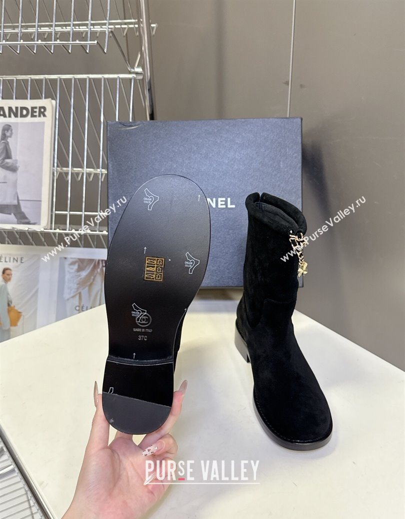 Chanel Suede Flat Ankle Boots 3.5cm with Dropped Chain Black 2025 CH083001 (MD-250830006)