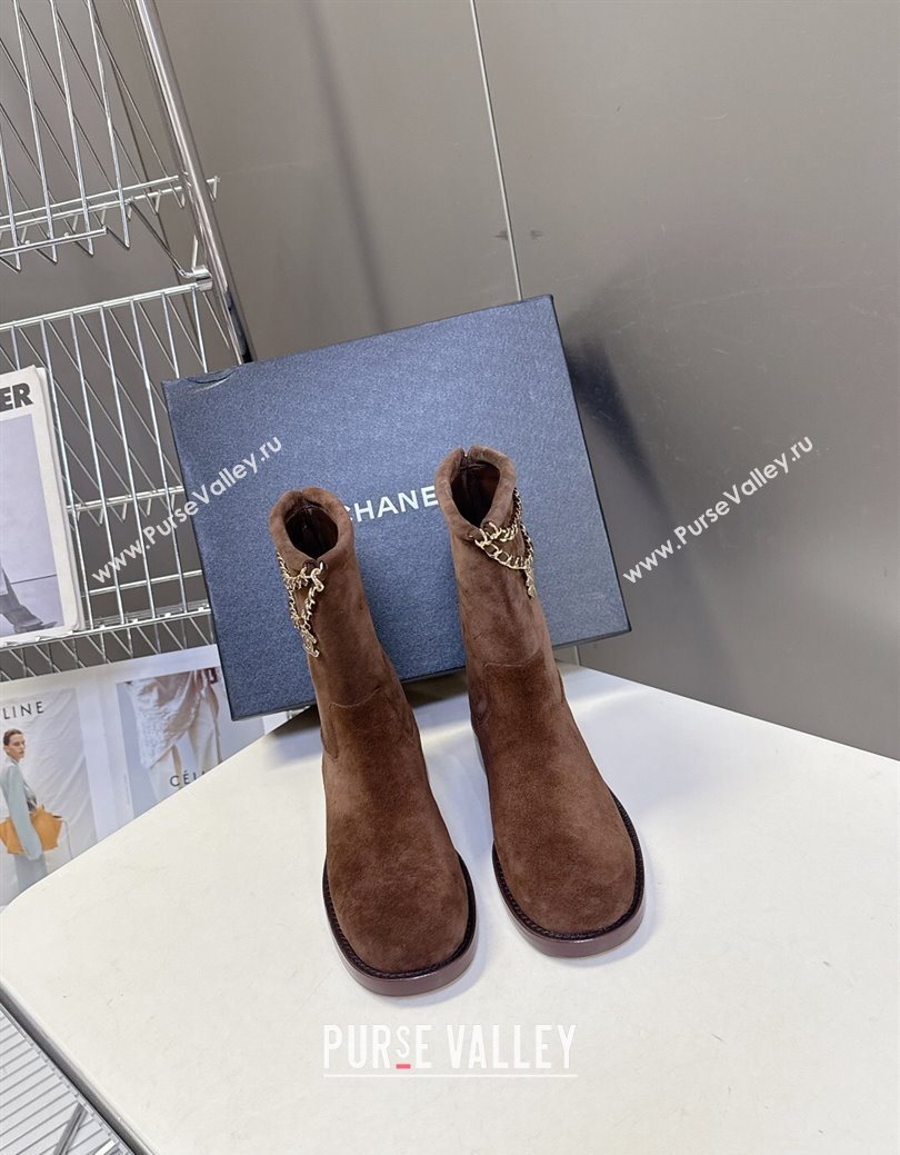 Chanel Suede Flat Ankle Boots 3.5cm with Dropped Chain Dark Brown 2025 CH083001 (MD-250830007)
