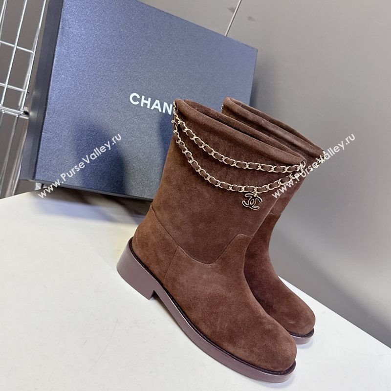 Chanel Suede Flat Ankle Boots 3.5cm with Dropped Chain Dark Brown 2025 CH083001 (MD-250830007)