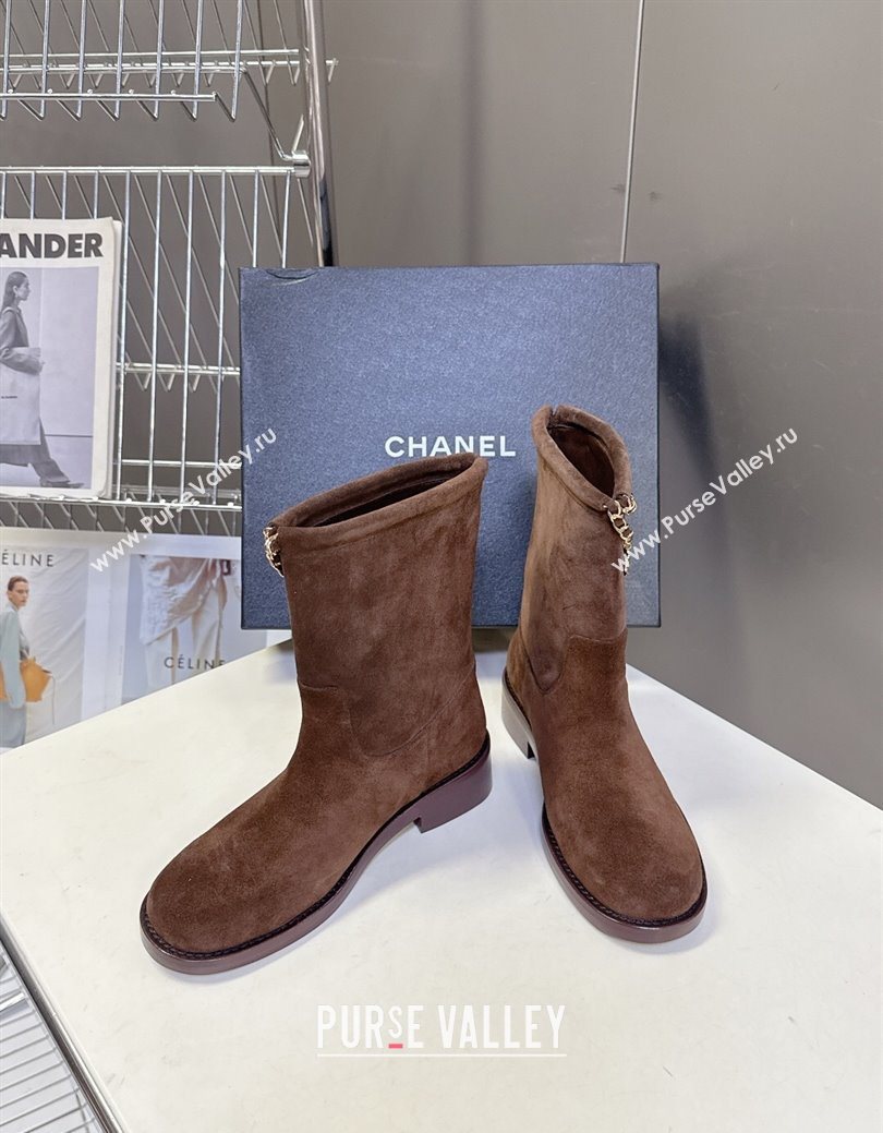 Chanel Suede Flat Ankle Boots 3.5cm with Dropped Chain Dark Brown 2025 CH083001 (MD-250830007)