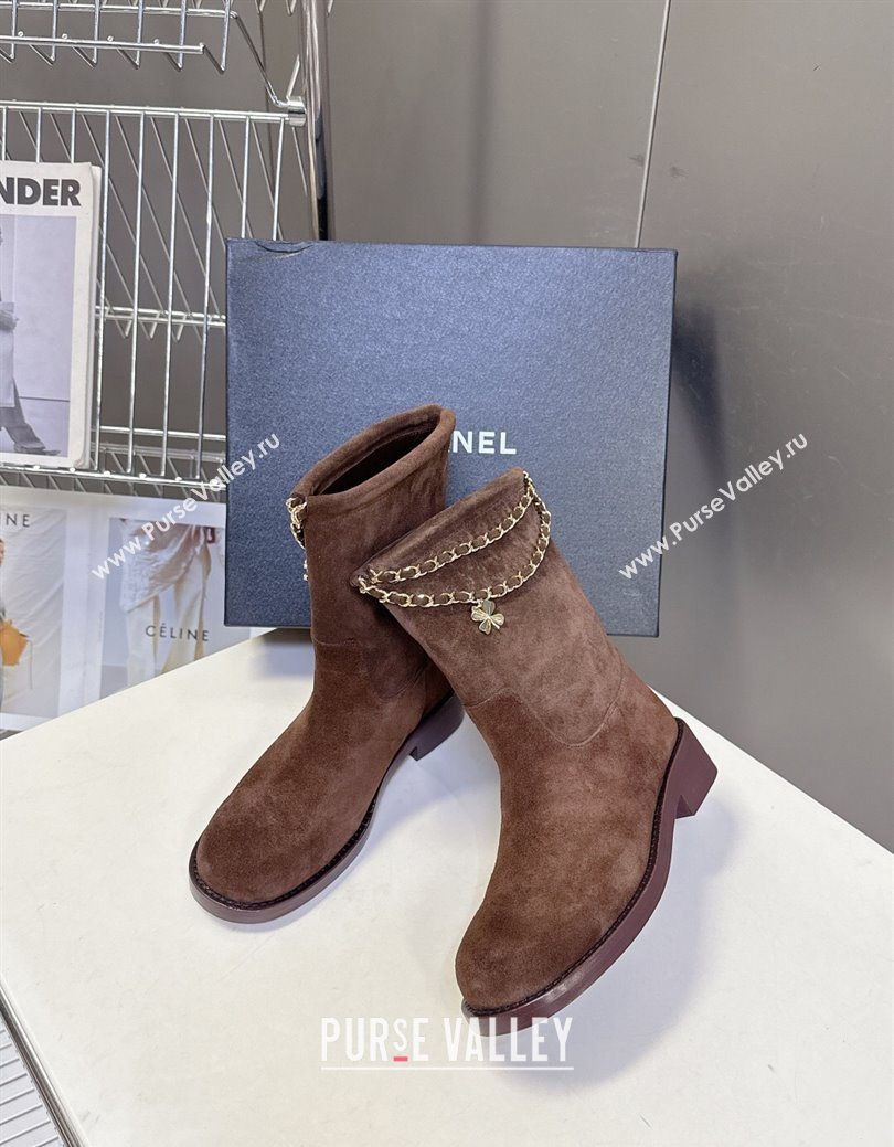 Chanel Suede Flat Ankle Boots 3.5cm with Dropped Chain Dark Brown 2025 CH083001 (MD-250830007)