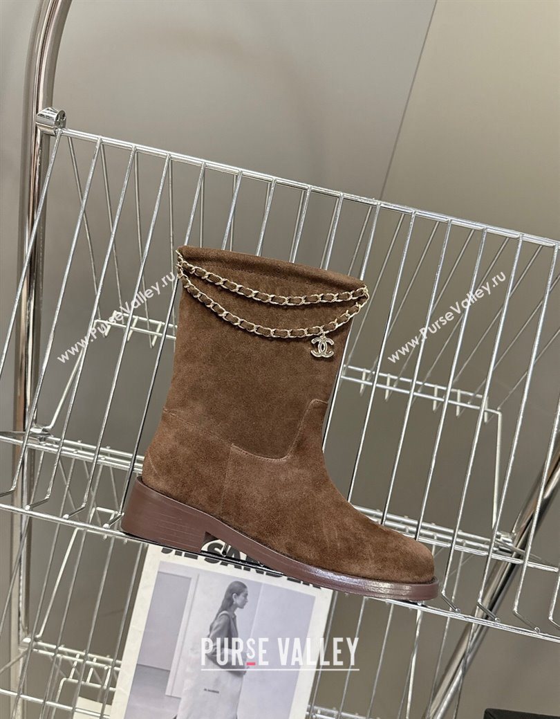 Chanel Suede Flat Ankle Boots 3.5cm with Dropped Chain Dark Brown 2025 CH083001 (MD-250830007)