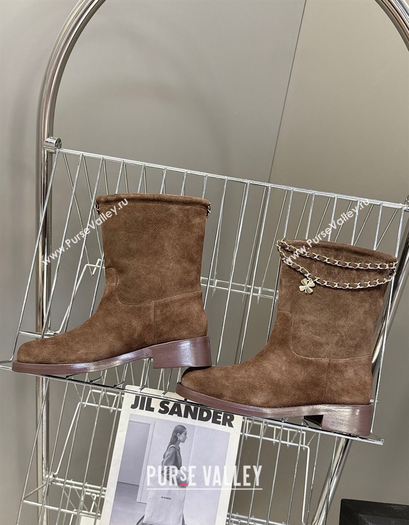 Chanel Suede Flat Ankle Boots 3.5cm with Dropped Chain Dark Brown 2025 CH083001 (MD-250830007)