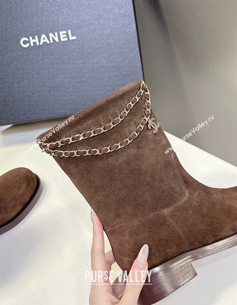 Chanel Suede Flat Ankle Boots 3.5cm with Dropped Chain Dark Brown 2025 CH083001 (MD-250830007)