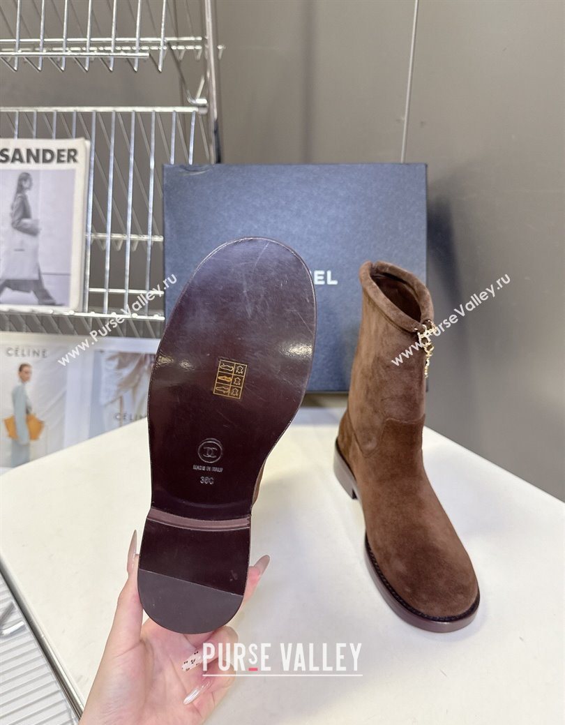 Chanel Suede Flat Ankle Boots 3.5cm with Dropped Chain Dark Brown 2025 CH083001 (MD-250830007)