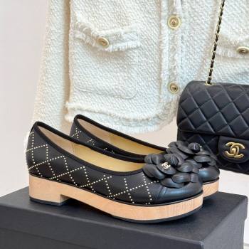 Chanel Quilted Calfskin Wood-Like Loafers with Studs and Camellia Bloom Black 2025 (MD-250901128)