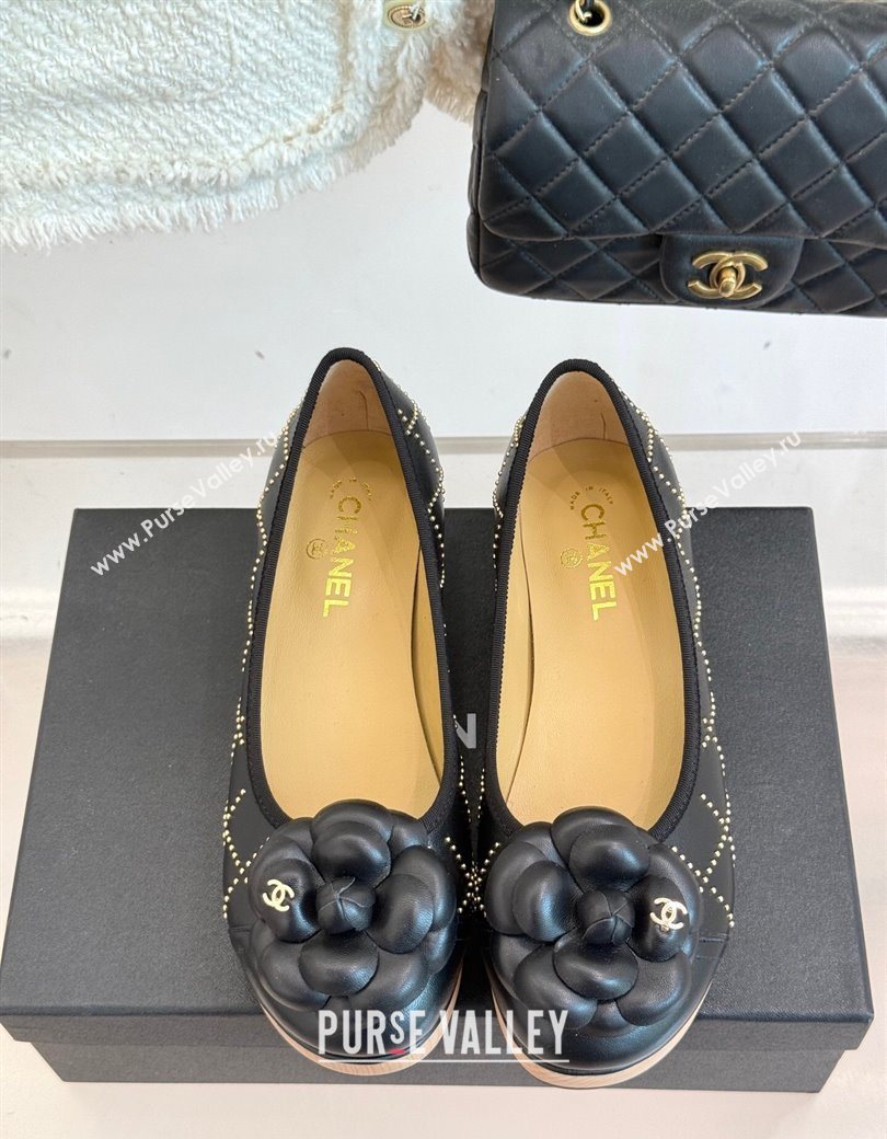 Chanel Quilted Calfskin Wood-Like Loafers with Studs and Camellia Bloom Black 2025 (MD-250901128)