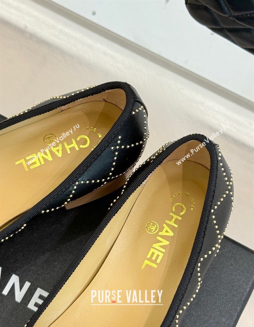Chanel Quilted Calfskin Wood-Like Loafers with Studs and Camellia Bloom Black 2025 (MD-250901128)