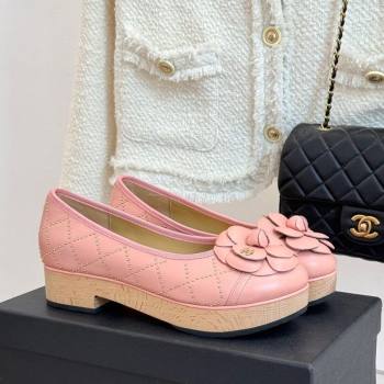 Chanel Quilted Calfskin Wood-Like Loafers with Studs and Camellia Bloom Light Pink 2025 (MD-250901129)