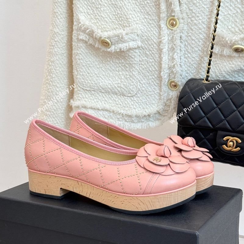Chanel Quilted Calfskin Wood-Like Loafers with Studs and Camellia Bloom Light Pink 2025 (MD-250901129)