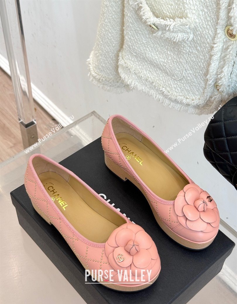 Chanel Quilted Calfskin Wood-Like Loafers with Studs and Camellia Bloom Light Pink 2025 (MD-250901129)