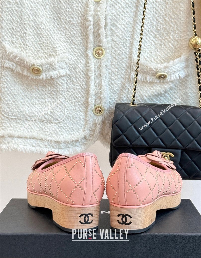 Chanel Quilted Calfskin Wood-Like Loafers with Studs and Camellia Bloom Light Pink 2025 (MD-250901129)