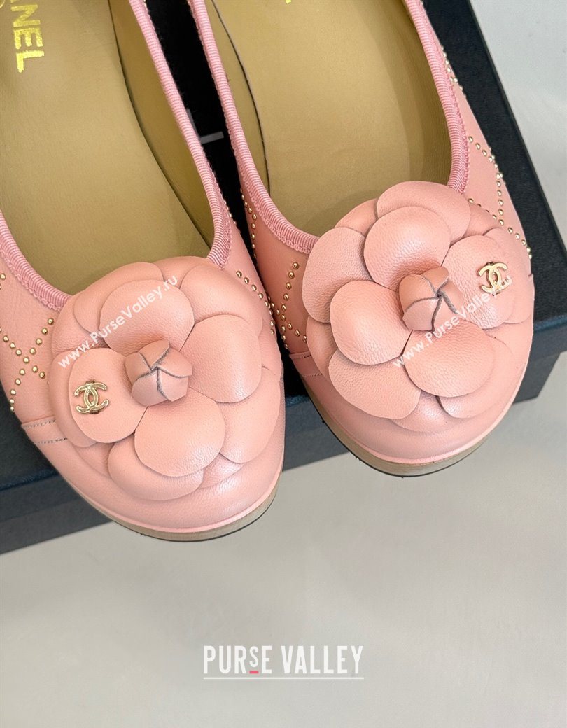 Chanel Quilted Calfskin Wood-Like Loafers with Studs and Camellia Bloom Light Pink 2025 (MD-250901129)