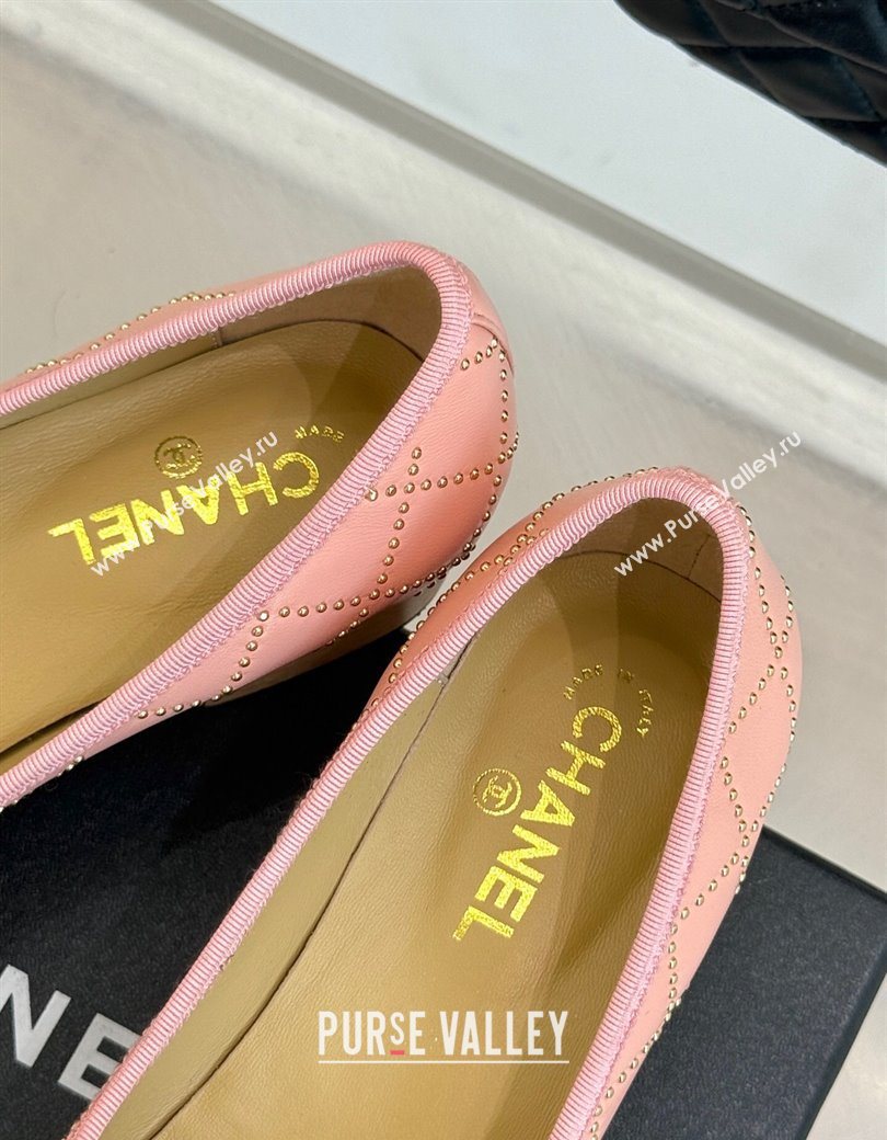 Chanel Quilted Calfskin Wood-Like Loafers with Studs and Camellia Bloom Light Pink 2025 (MD-250901129)