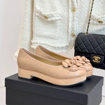 Chanel Quilted Calfskin Wood-Like Loafers with Studs and Camellia Bloom Beige 2025 (MD-250901130)