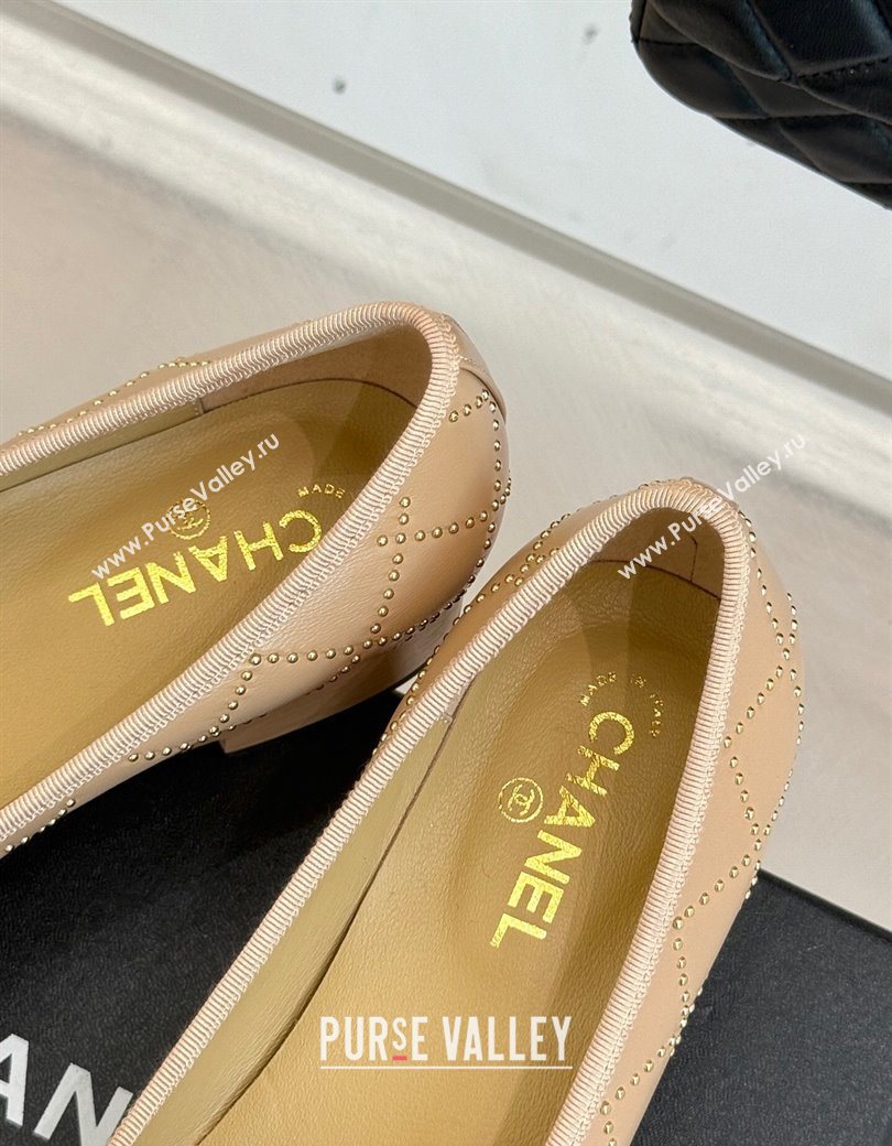 Chanel Quilted Calfskin Wood-Like Loafers with Studs and Camellia Bloom Beige 2025 (MD-250901130)