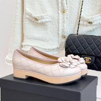 Chanel Quilted Calfskin Wood-Like Loafers with Studs and Camellia Bloom Pale Pink 2025 (MD-250901131)
