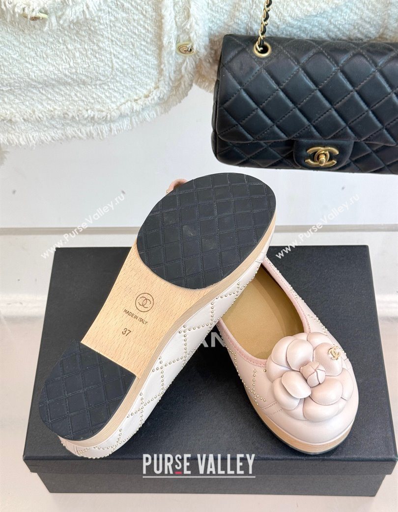 Chanel Quilted Calfskin Wood-Like Loafers with Studs and Camellia Bloom Pale Pink 2025 (MD-250901131)