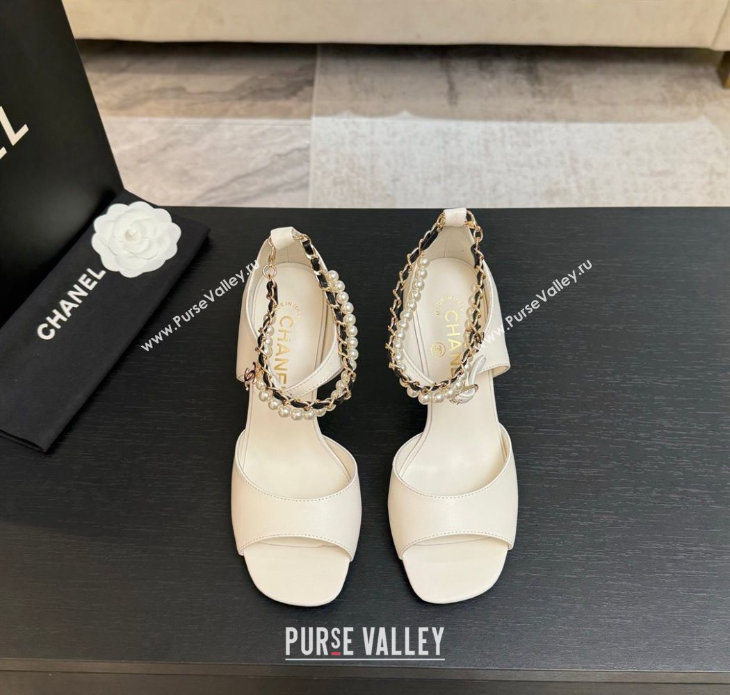 Chanel Lambskin Heel Sandals 8cm with Chain and Pearls White 2025 G46658 (MD-250902001)