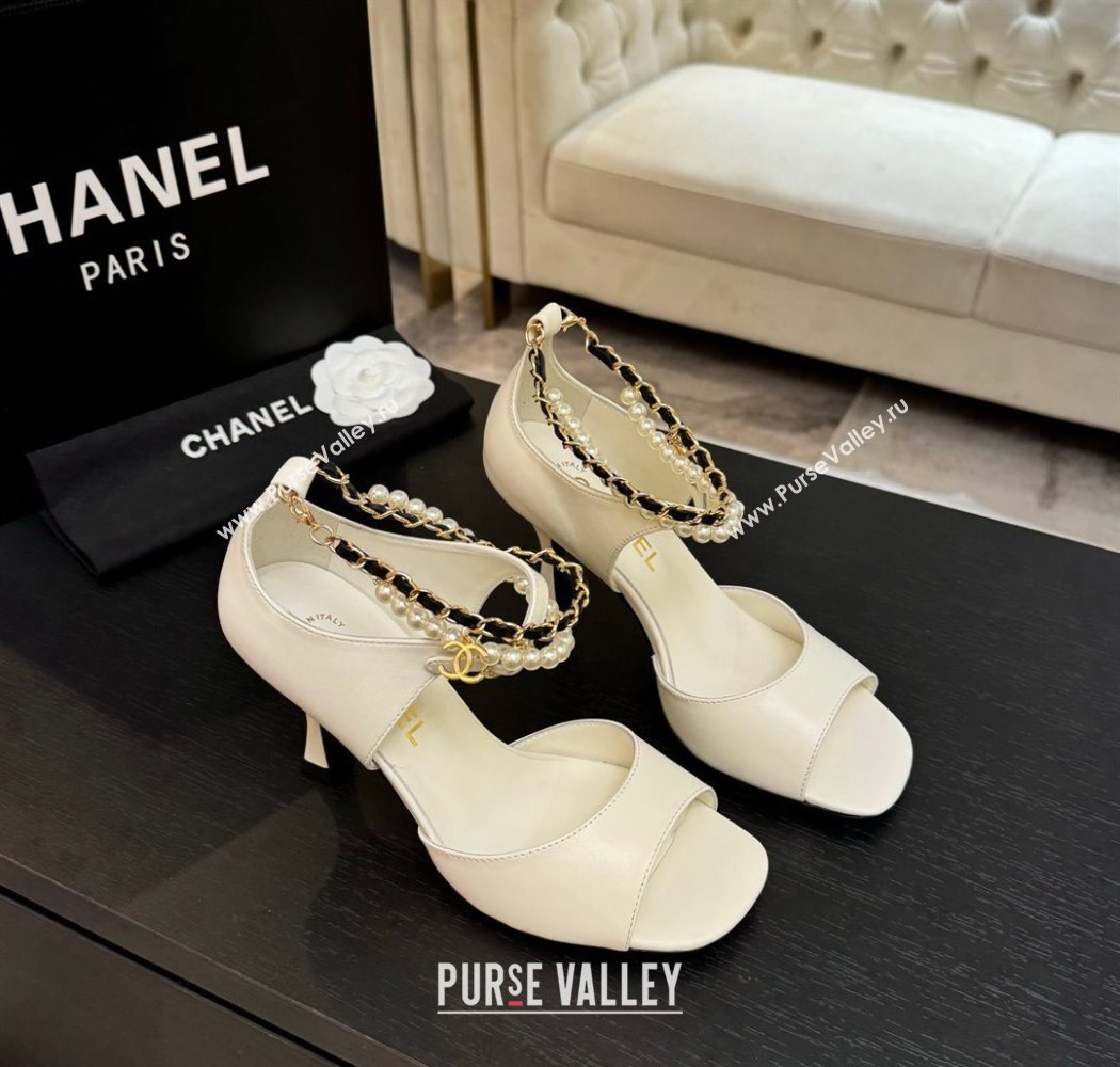 Chanel Lambskin Heel Sandals 8cm with Chain and Pearls White 2025 G46658 (MD-250902001)