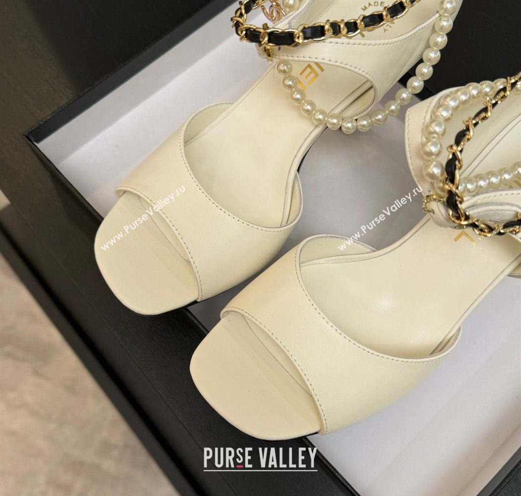 Chanel Lambskin Heel Sandals 8cm with Chain and Pearls White 2025 G46658 (MD-250902001)
