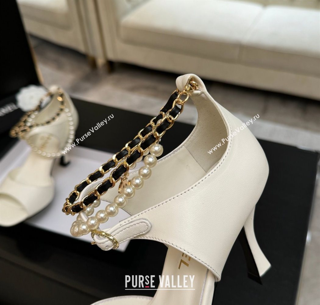 Chanel Lambskin Heel Sandals 8cm with Chain and Pearls White 2025 G46658 (MD-250902001)
