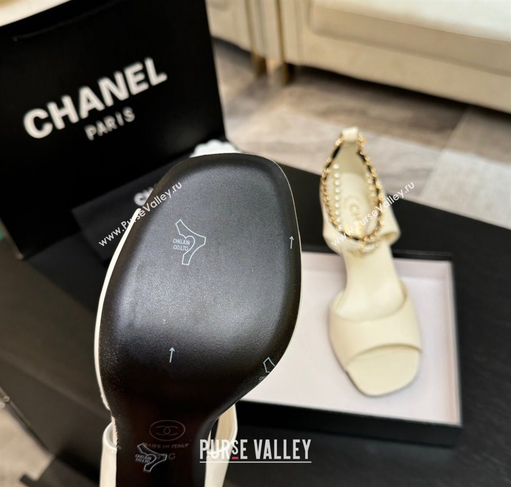 Chanel Lambskin Heel Sandals 8cm with Chain and Pearls White 2025 G46658 (MD-250902001)