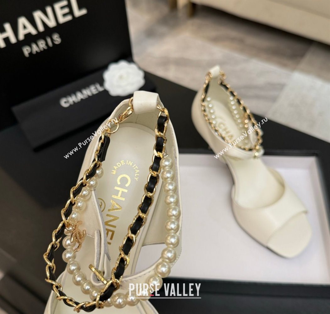 Chanel Lambskin Heel Sandals 8cm with Chain and Pearls White 2025 G46658 (MD-250902001)