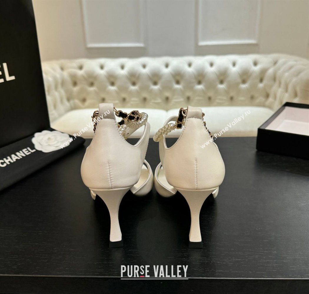 Chanel Lambskin Heel Sandals 8cm with Chain and Pearls White 2025 G46658 (MD-250902001)