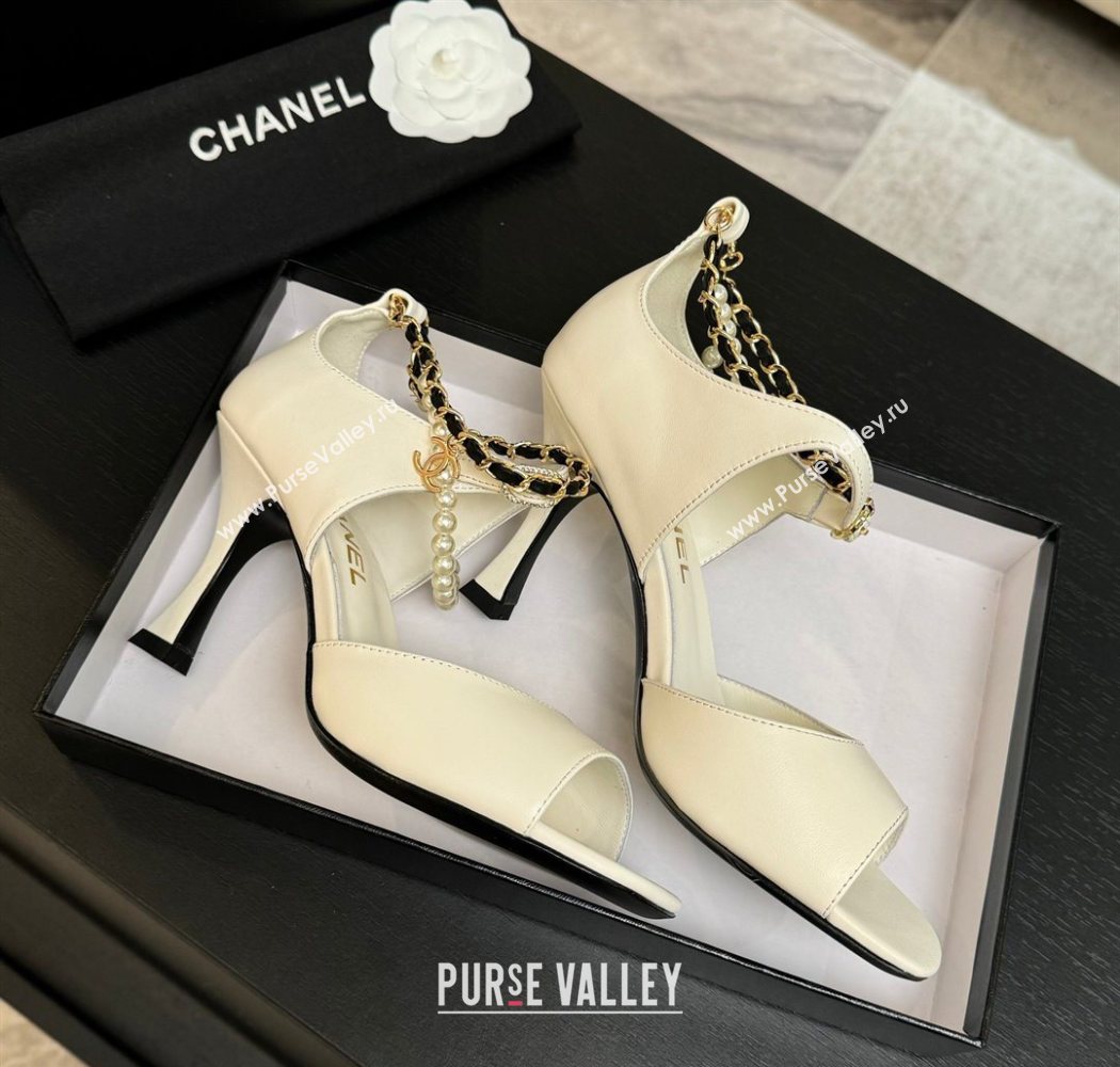 Chanel Lambskin Heel Sandals 8cm with Chain and Pearls White 2025 G46658 (MD-250902001)