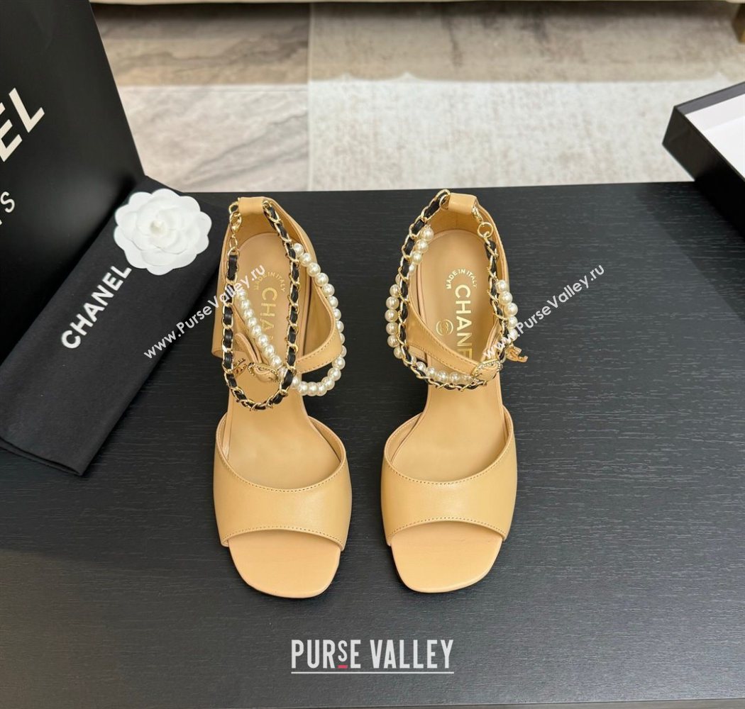 Chanel Lambskin Heel Sandals 8cm with Chain and Pearls Beige 2025 G46658 (MD-250902002)