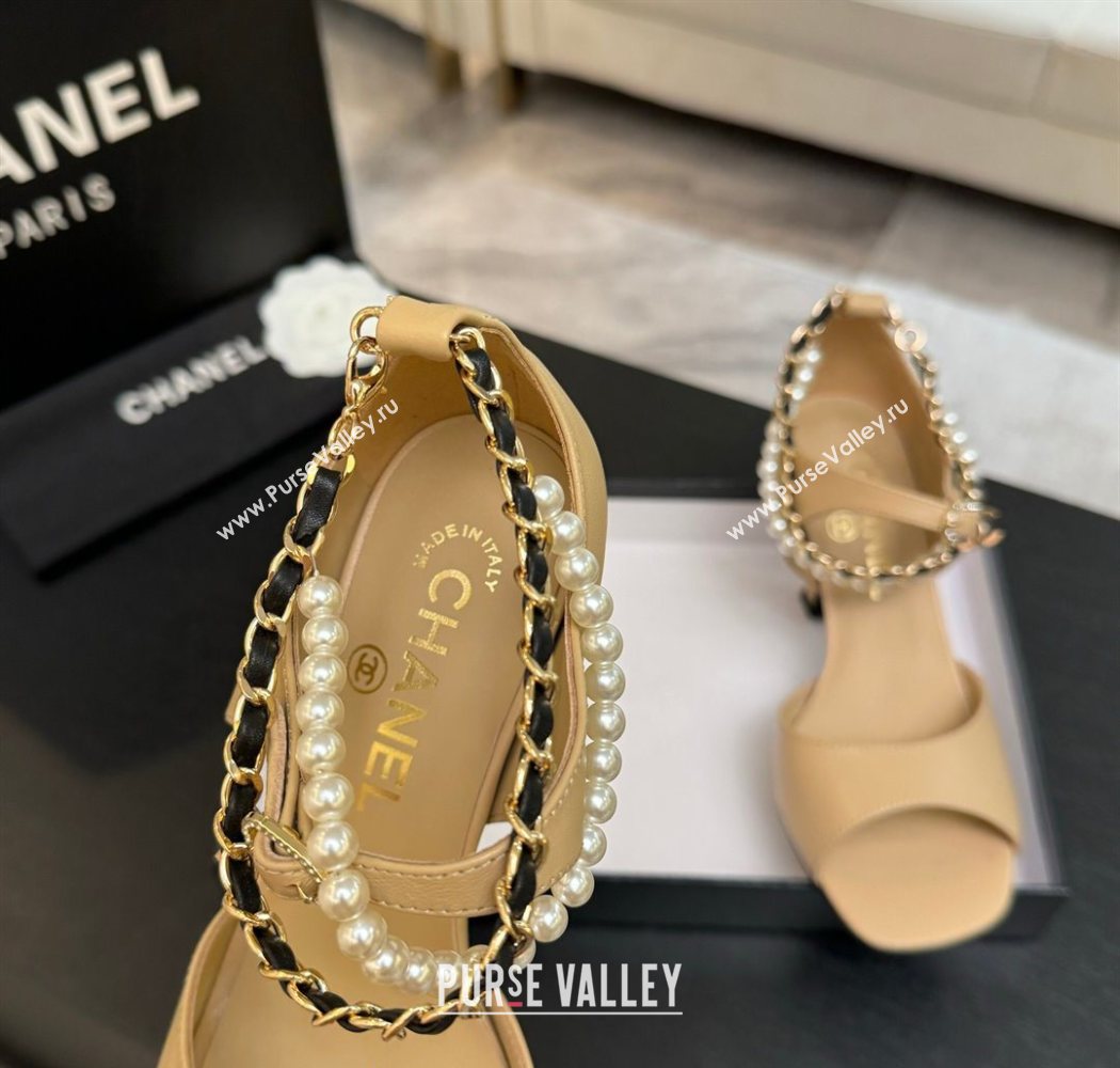 Chanel Lambskin Heel Sandals 8cm with Chain and Pearls Beige 2025 G46658 (MD-250902002)