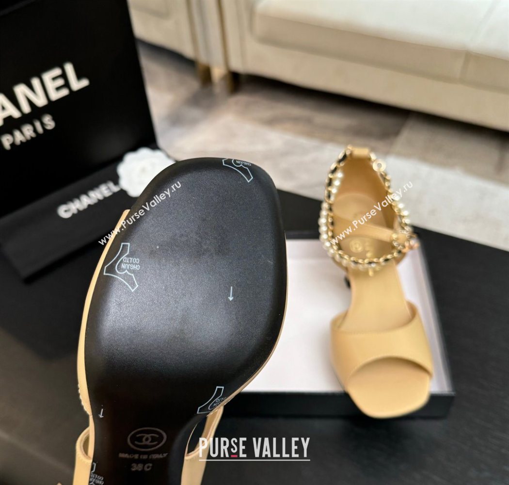 Chanel Lambskin Heel Sandals 8cm with Chain and Pearls Beige 2025 G46658 (MD-250902002)