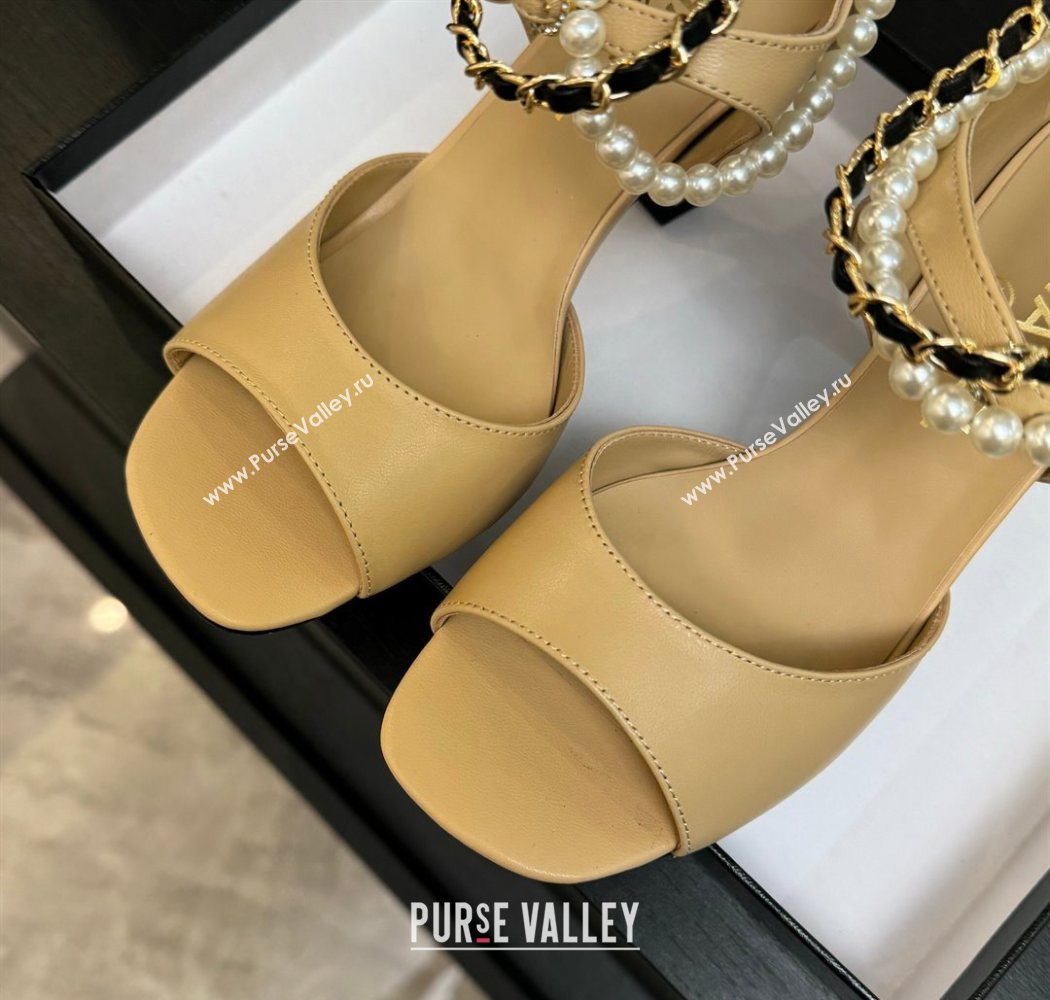 Chanel Lambskin Heel Sandals 8cm with Chain and Pearls Beige 2025 G46658 (MD-250902002)