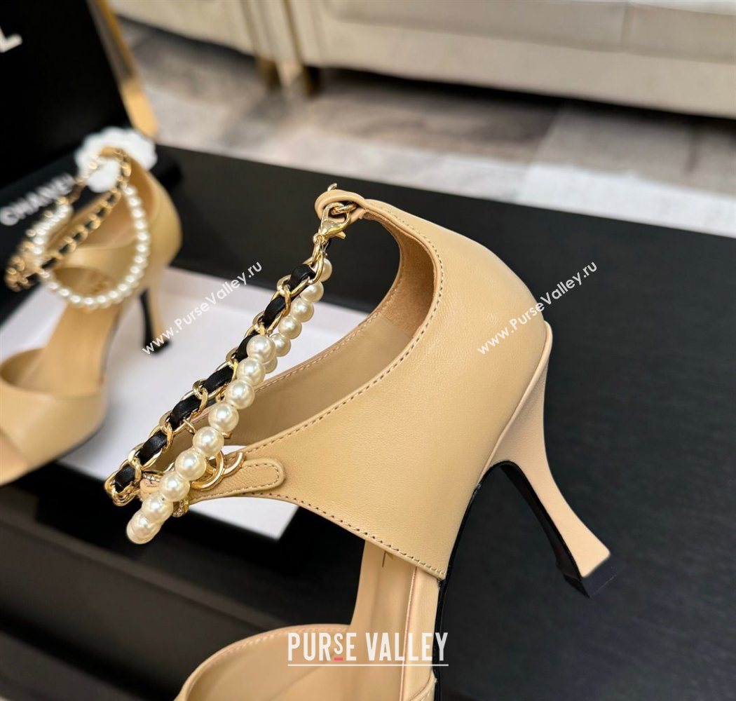 Chanel Lambskin Heel Sandals 8cm with Chain and Pearls Beige 2025 G46658 (MD-250902002)