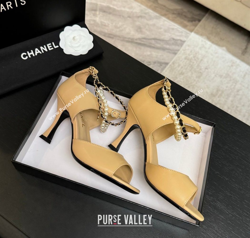Chanel Lambskin Heel Sandals 8cm with Chain and Pearls Beige 2025 G46658 (MD-250902002)