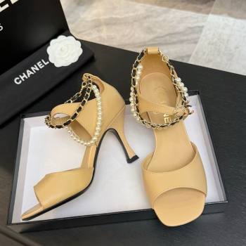 Chanel Lambskin Heel Sandals 8cm with Chain and Pearls Beige 2025 G46658 (MD-250902002)