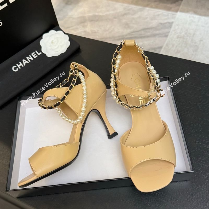 Chanel Lambskin Heel Sandals 8cm with Chain and Pearls Beige 2025 G46658 (MD-250902002)