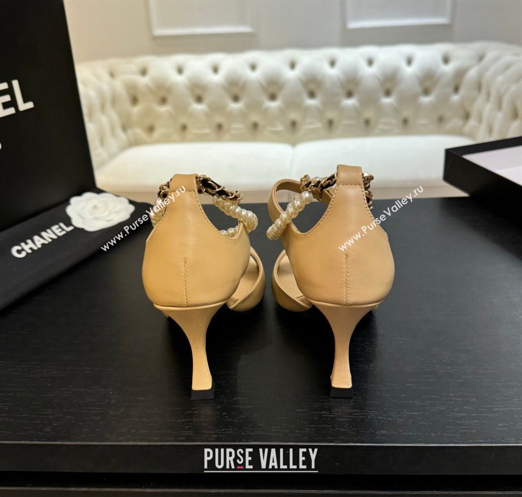 Chanel Lambskin Heel Sandals 8cm with Chain and Pearls Beige 2025 G46658 (MD-250902002)