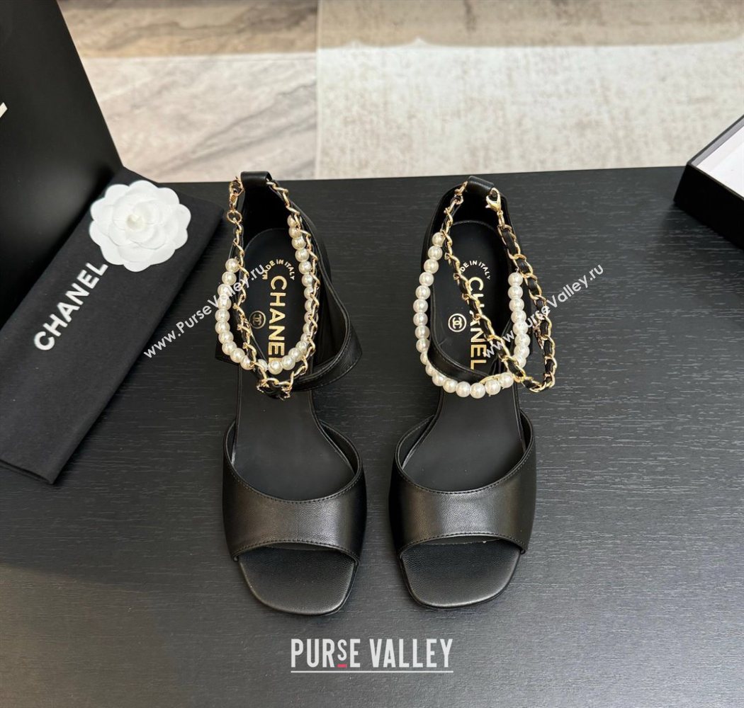Chanel Lambskin Heel Sandals 8cm with Chain and Pearls Black 2025 G46658 (MD-250902003)