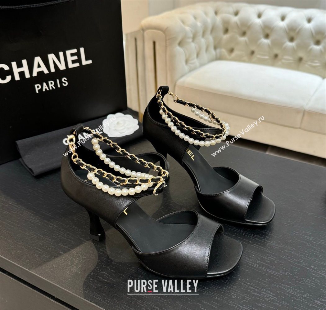 Chanel Lambskin Heel Sandals 8cm with Chain and Pearls Black 2025 G46658 (MD-250902003)