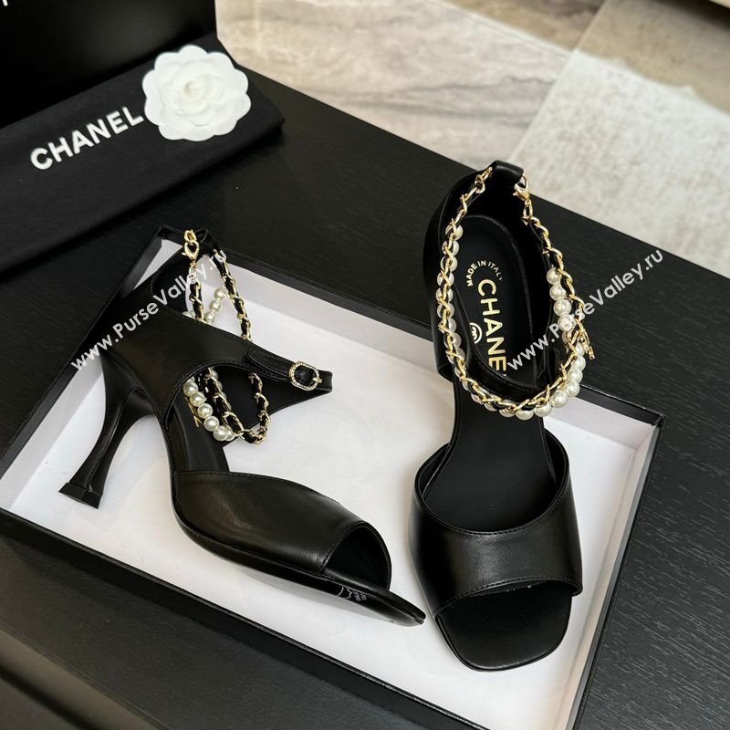 Chanel Lambskin Heel Sandals 8cm with Chain and Pearls Black 2025 G46658 (MD-250902003)