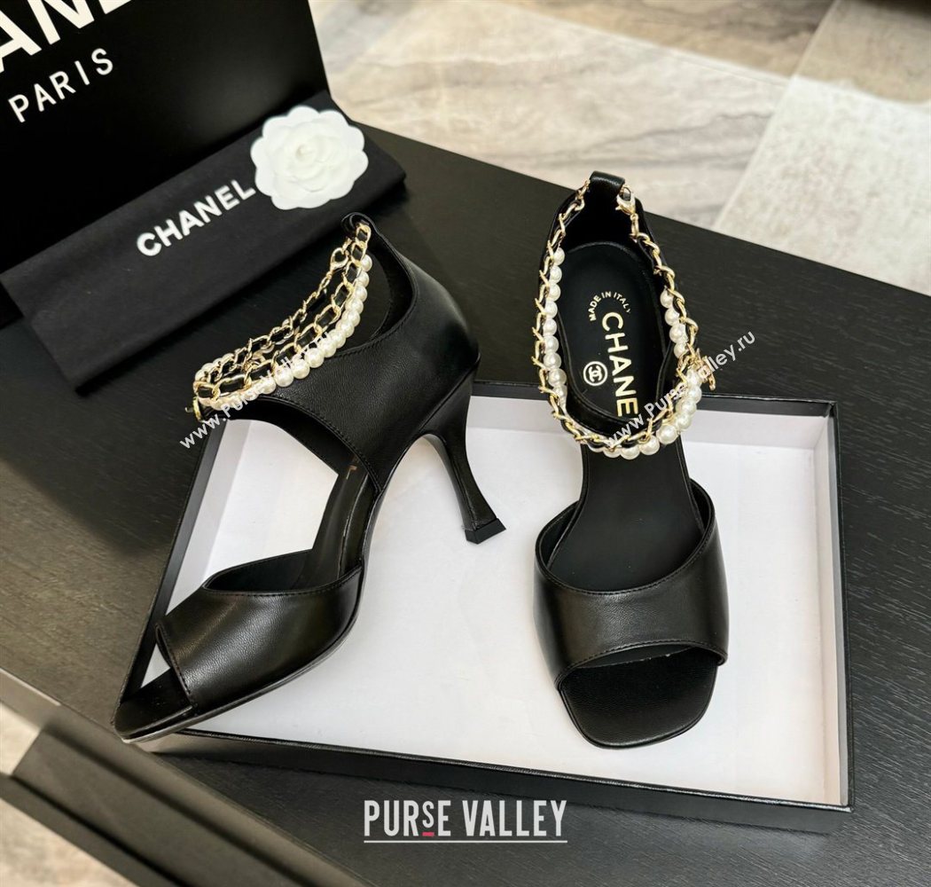 Chanel Lambskin Heel Sandals 8cm with Chain and Pearls Black 2025 G46658 (MD-250902003)