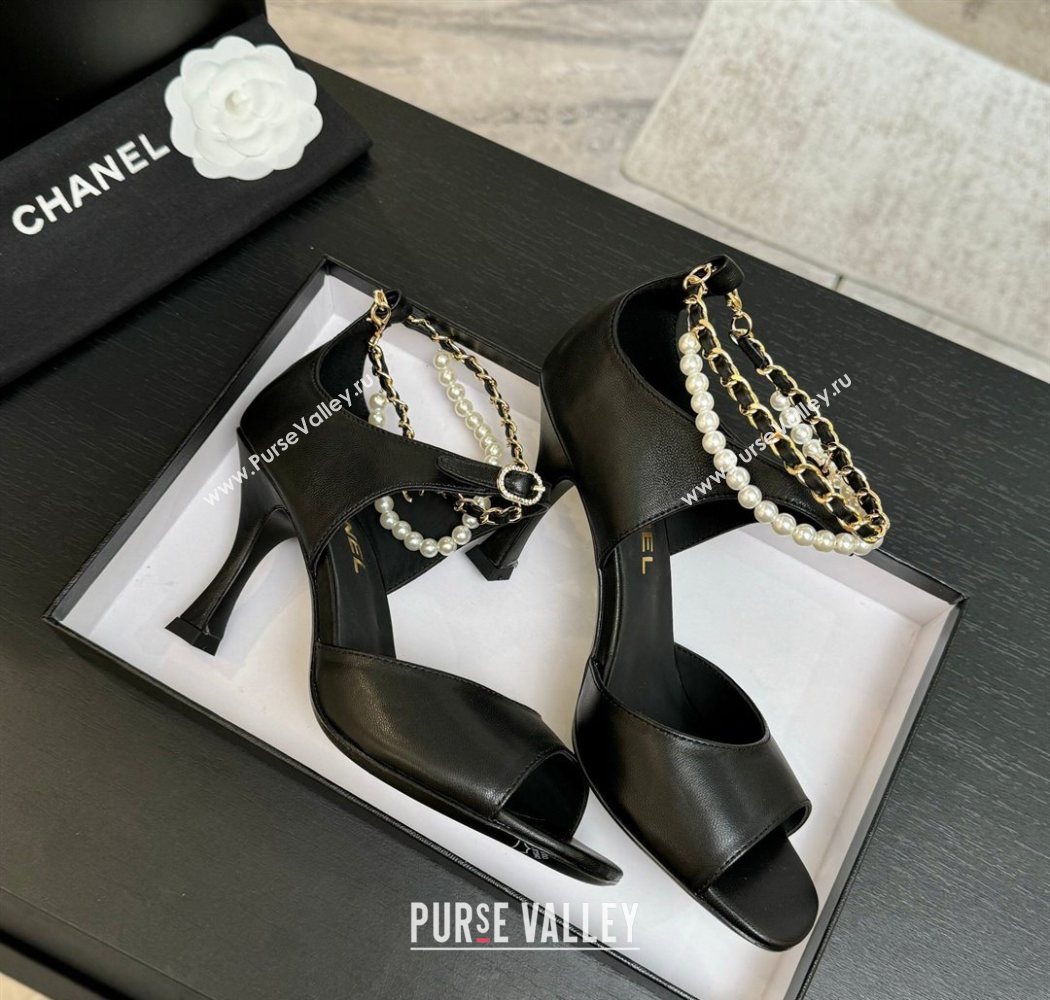 Chanel Lambskin Heel Sandals 8cm with Chain and Pearls Black 2025 G46658 (MD-250902003)