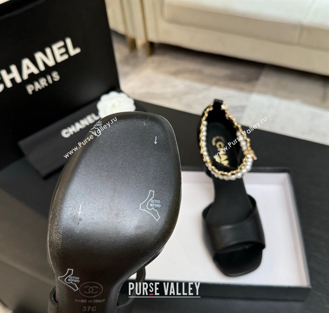 Chanel Lambskin Heel Sandals 8cm with Chain and Pearls Black 2025 G46658 (MD-250902003)