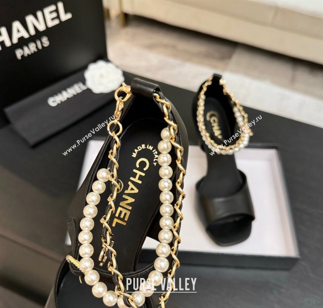 Chanel Lambskin Heel Sandals 8cm with Chain and Pearls Black 2025 G46658 (MD-250902003)
